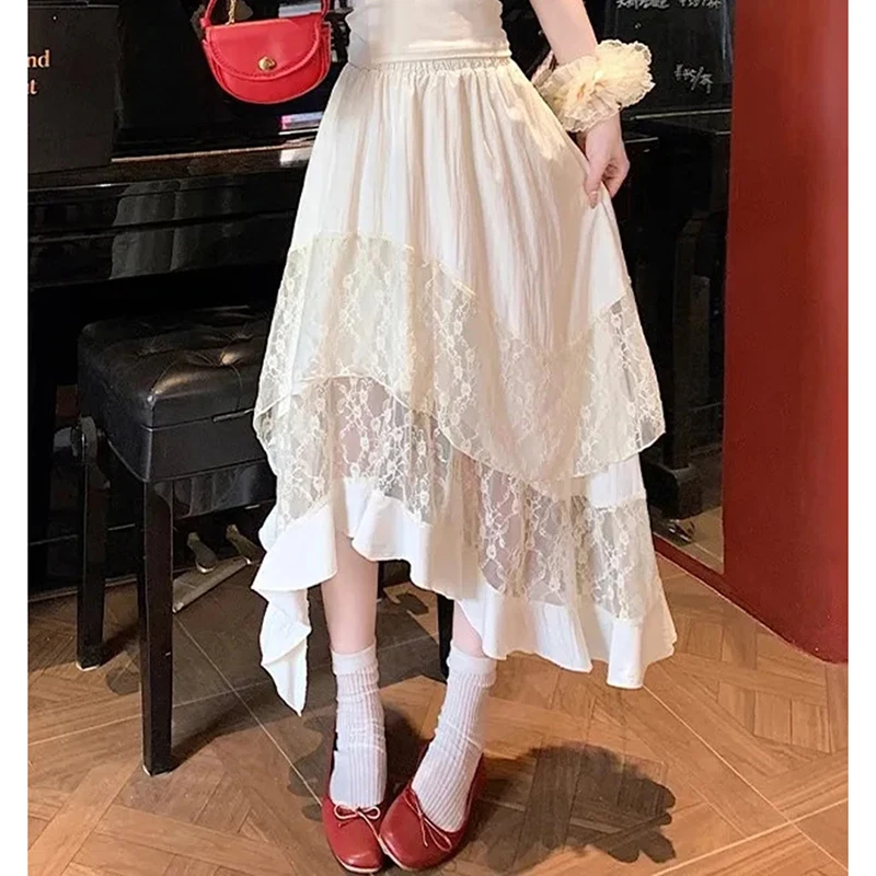 Irregular Sweet Lace Midi Skirt Women High Waisted Ruffled Pleated Skirt Preppy Style Summer Vacation Beach Tiered Cake Skirt