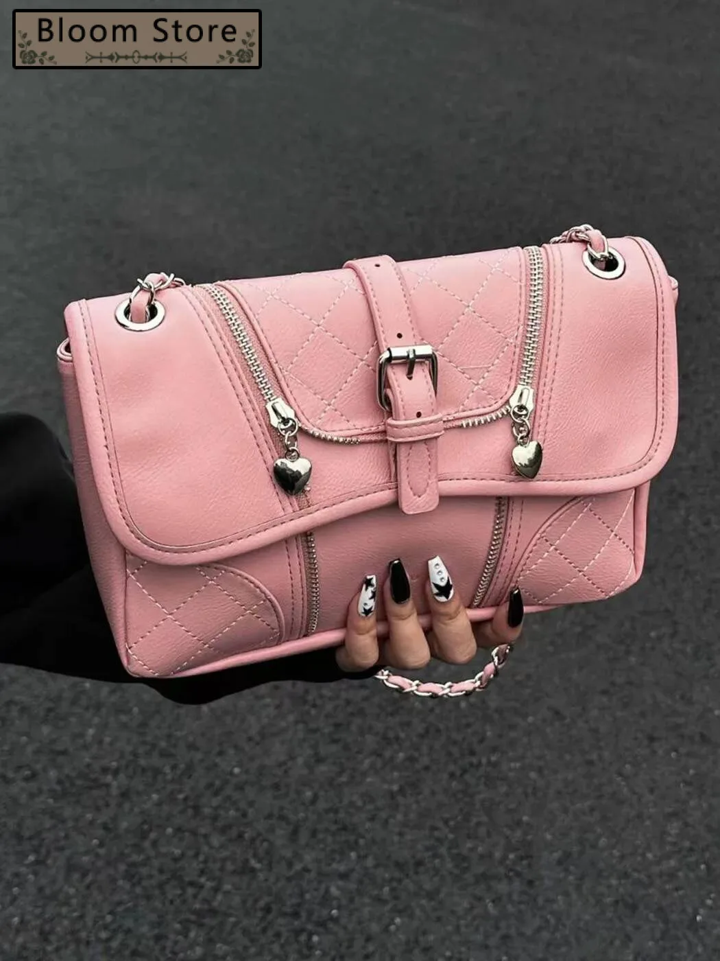 

Bloom Sweet Cool Heart Y2k Handbag Women High Street Rhombic Lattice Solid Messenger Ladies Haruku Pink Underarm Bag