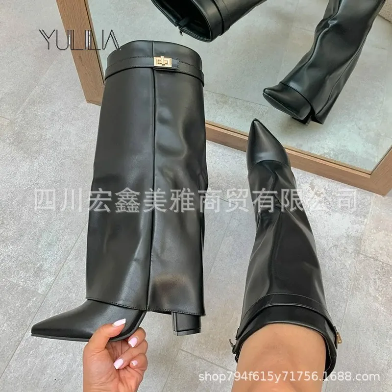 

YULILIA Designer Original Italian Women's Pointed-toed Metal Buckle Mid-calf Chimney Boots Large Size High Heel Trouser Boots
