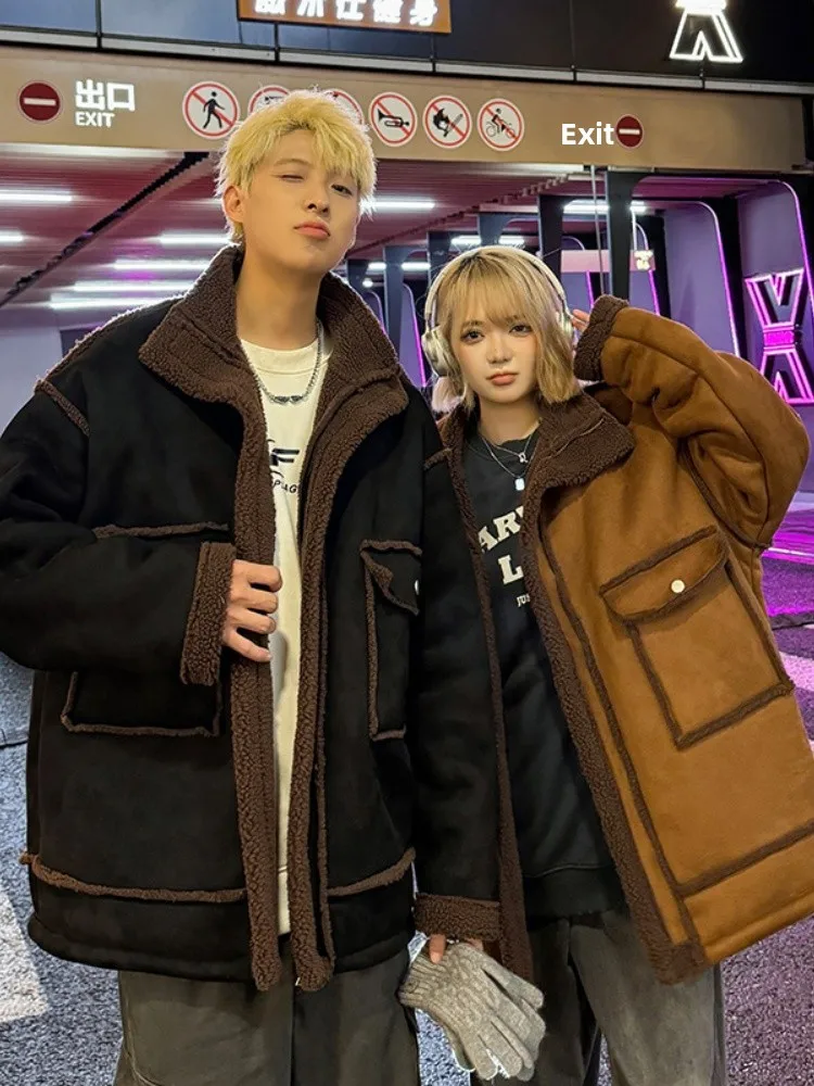 

Мужская зимняя куртка с подкладкой из овечьей шерсти, утепленная, в американском ретро-стиле, хлопковое пальто, теплое, повседневное, с длинными рукавами, на молнии, однотонное