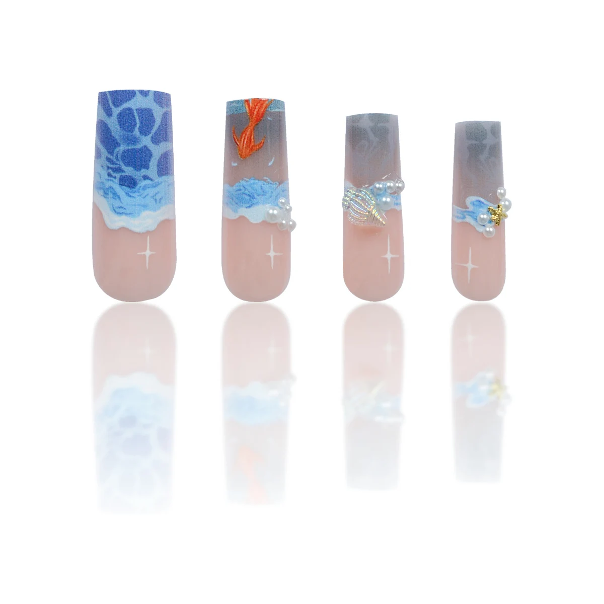 Autocollants pour Ongles Rectangulaires Super Longs, Motif Bleu Océan Petit Poisson Vague, Étoile de Mer 3D, Conque Perle Diamant, Ensemble Acrylique, 24 Pièces