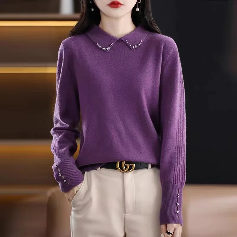 Autumn Winter Camere Knitted Long Sve Doll Collar Women's Diamond Embedded Wool Base irt Slim Fit Commute Sle Pure C...