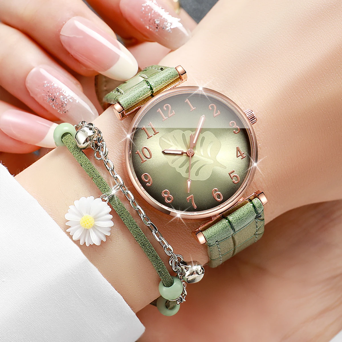 2PCS/Set Elegant Leaf  Dial Women Watches Leather Strap Quartz Watch Flower Bracelet Set Reloj Mujer (Without Box)