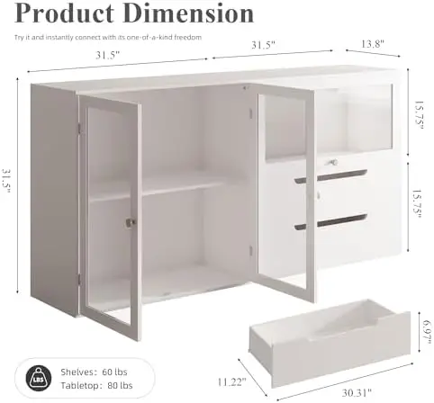 63‘’Storage Cabinet,Sideboard Buffet Cabinet with Glass Doors and Drawers,Modern Wood Coffee Bar for Kitchen, Living