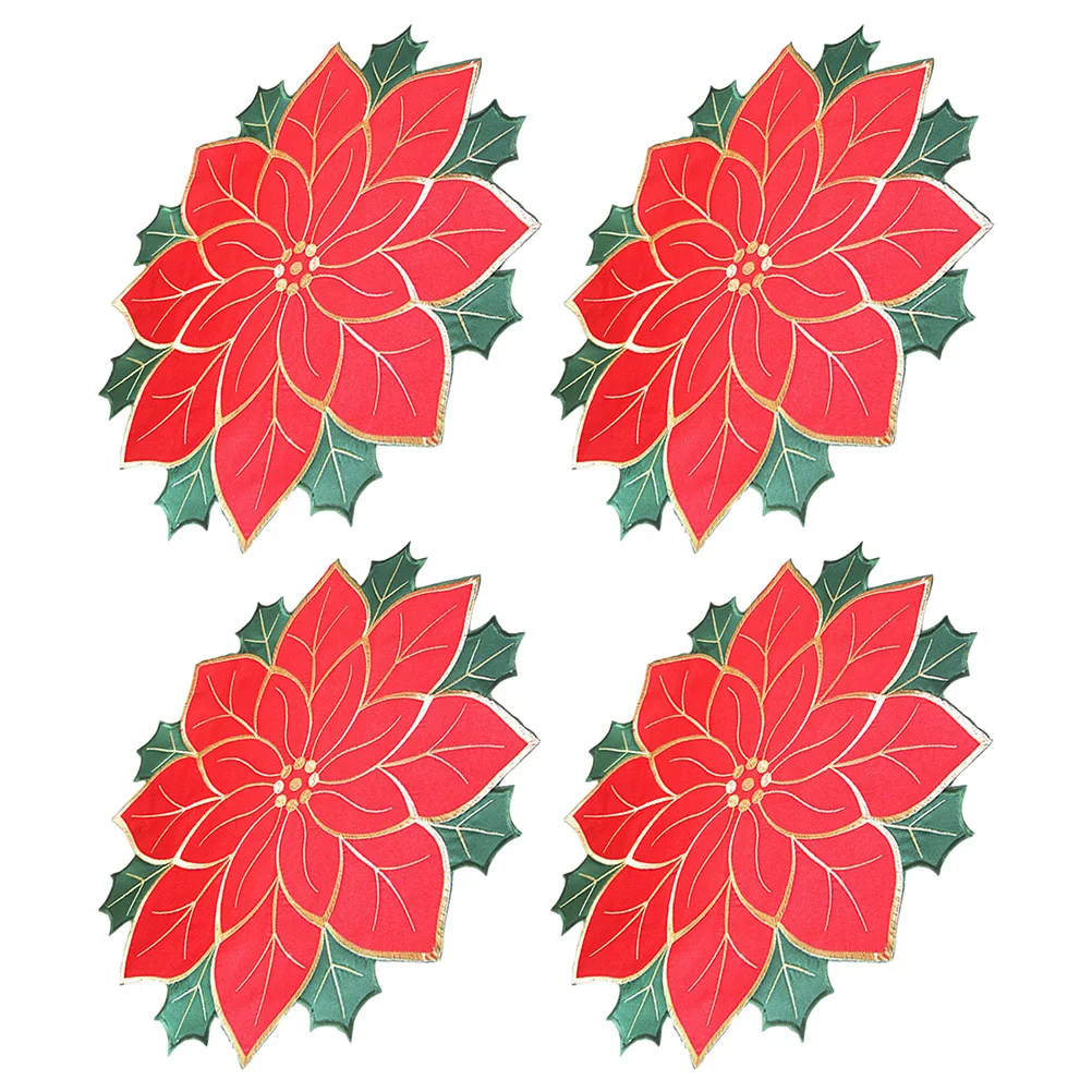 

4pcs Large Christmas Style Poinsettia Placemat Decorative Table Top Mat Insulation Dinning Mat Reusable For Plates Wear-Resist