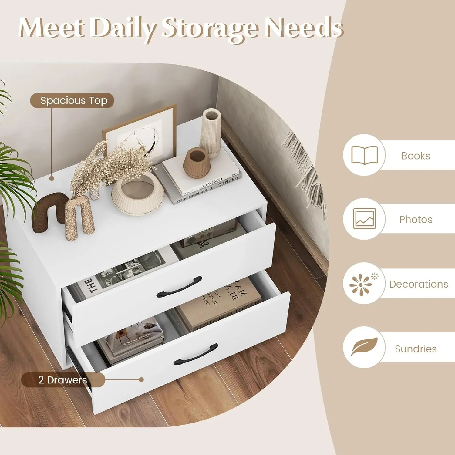 Stackable 2-Drawer Dresser Set of 2, Wood Horizontal Storage Organizer with Metal Handle & Smooth Sliders