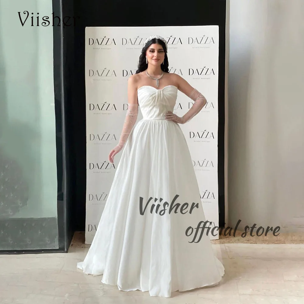 

Viisher White Satin Sweetheart Wedding Party Dresses Pleats A Line Long Formal Prom Dress Arabia Dubai Evening Party Gowns