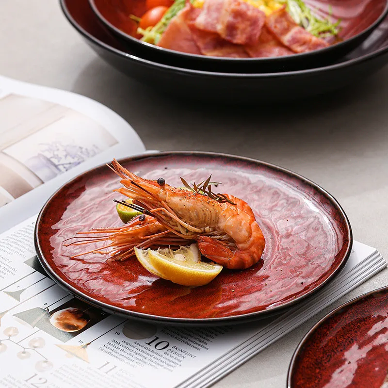 Hotel Cutlery Ceramic Bowl, Home Embossed Display Plate, 12Inch Big Soup Bowl, Red Style,Easy Clean,1pcs