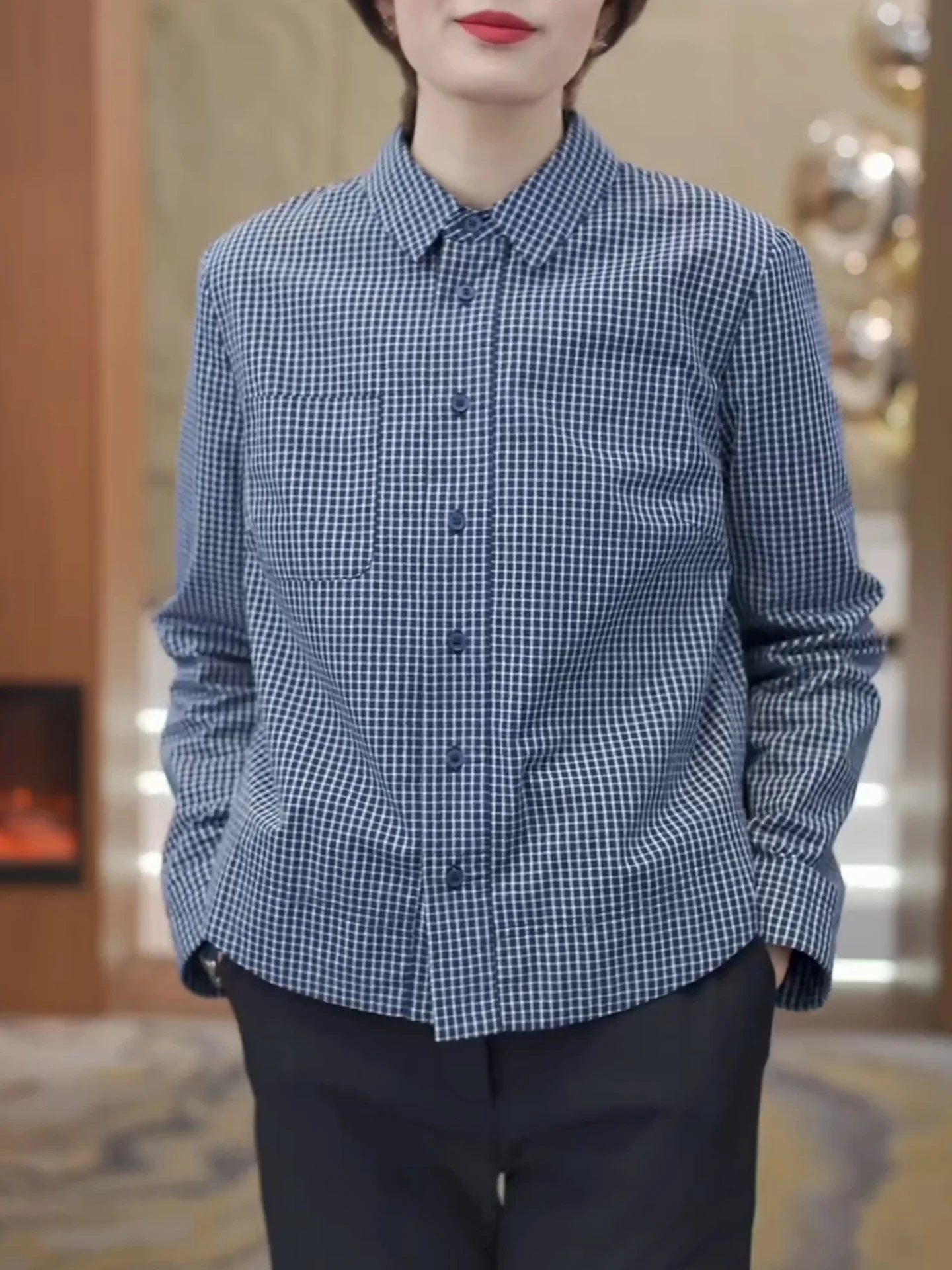 

Синяя клетчатая винтажная рубашка с длинным рукавом для женщин больших размеров, элегантный топ премиум-класса для осени и зимы