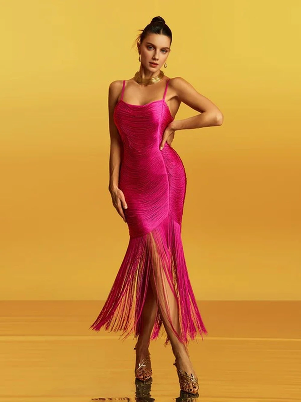 Modphy High Quality Fashion Fringe Rose Red Spaghetti Strap Long Dresses Women'S Tassel Celebrity Bandage Dress Prom Vestidos