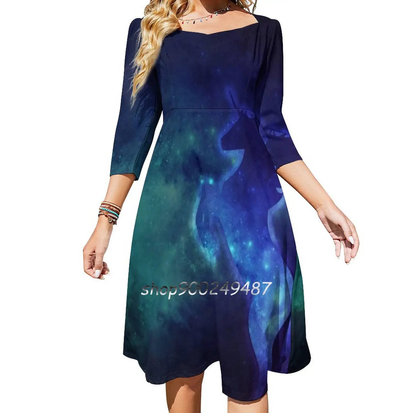 Nebula Galaxy Unicorn In Space Square Neck Dress New Plus Size Elegant Women Waist Tight Dress Nebula Unicorn Galaxy Unicorn