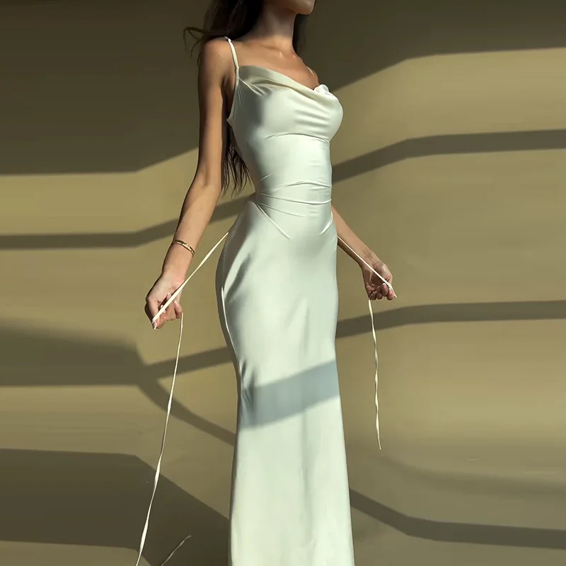 2025 summer new women's clothes sexy and elegant silk satin-textured fitted halter and lace-up long dress