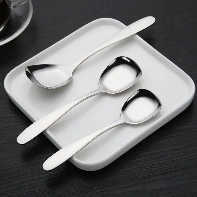 Korean Large Head Serving Spoon 3pc Stainless Steel Tableware Kitchen Square Head Silver Flat Ice Cream Soup Ladle Dishwash Safe