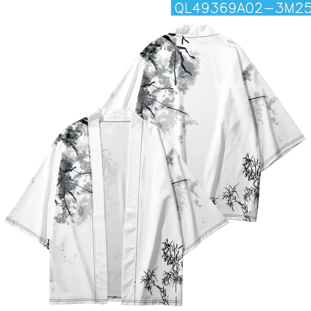 

Chinese Printed White Fashion Kimono Oversized Haori Obi Women Men Cardigan Shirt Beach Yukata Asian Clothing