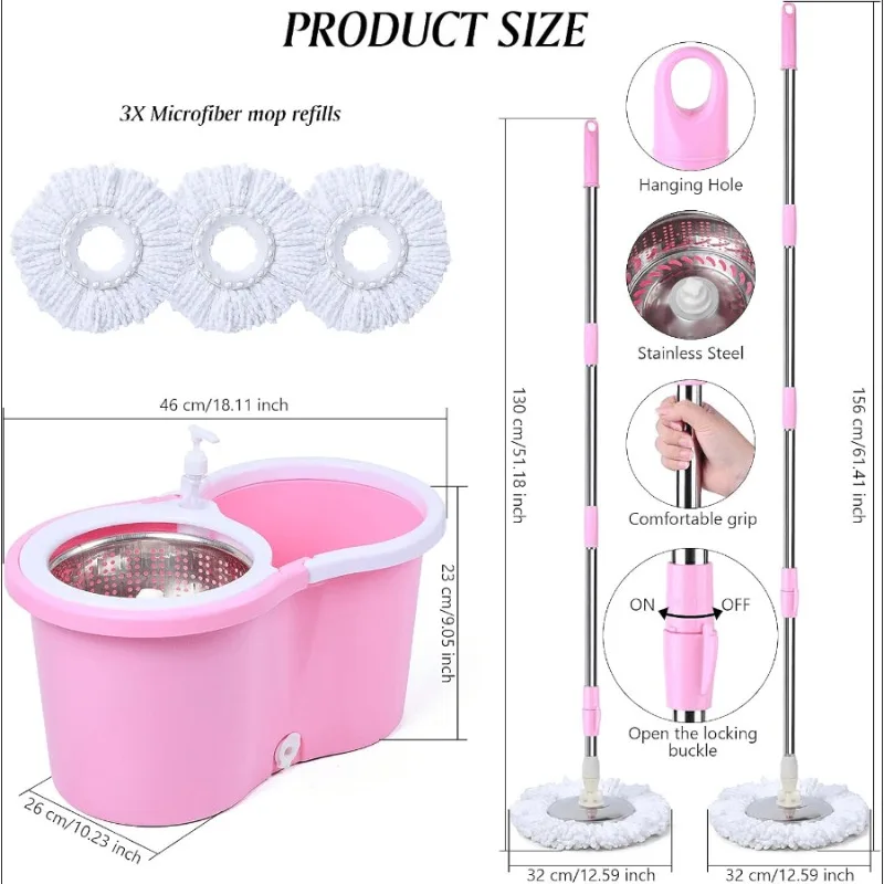 Cute Pink Mop And Bucket Set With 3 Extra Refills (Pink) | Pink, Spin Mop Floor Cleaning System Household Cleaning Tools & Accessories