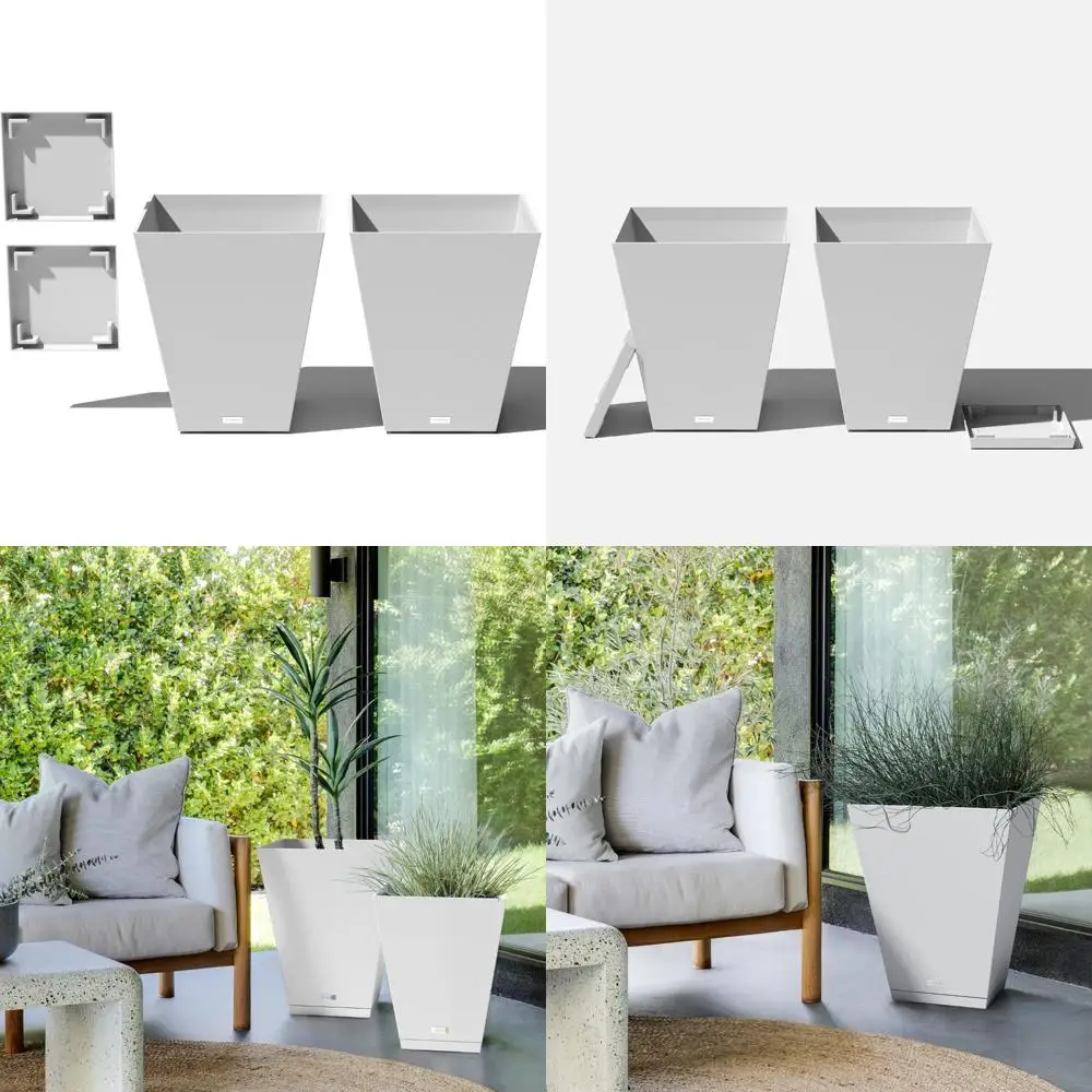 

Indoor Outdoor Square Planters Set of 2, 22 Inch White with Saucer Trays for Garden and Home Decor