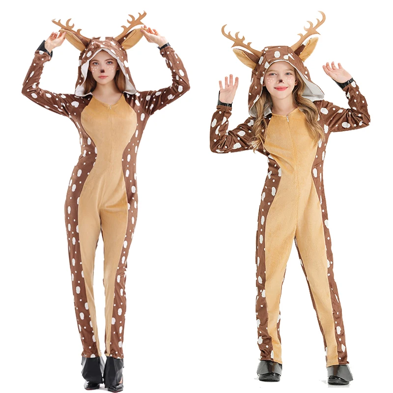 Family Christmas Party Photography Costumes Brown Deer Animal Onesies for Kids Adult Stage Performance Wear