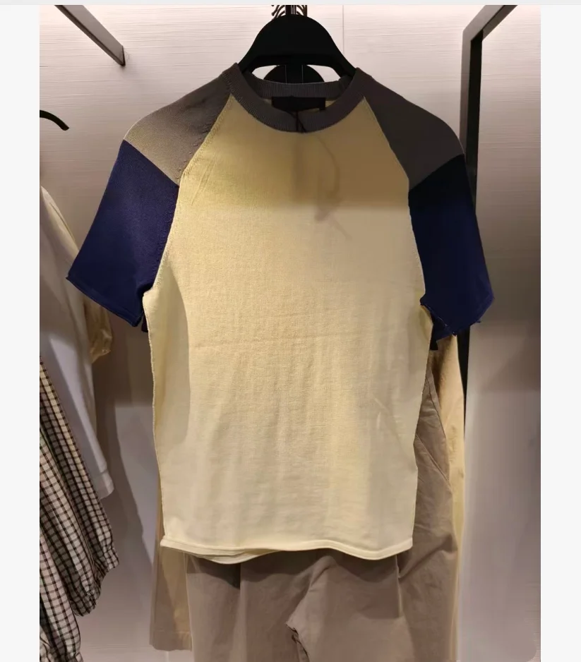 

2026 new women's sweet slim fit short sleeved round neck casual and fashionable color blocked knitted top