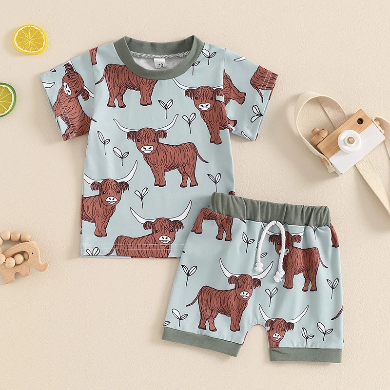 2024-04-03 Lioraitiin Toddler Boys Girls Summer Outfits Western Cow Print Short Sleeve T-Shirts Tops and Shorts 2Pcs Clothes Set