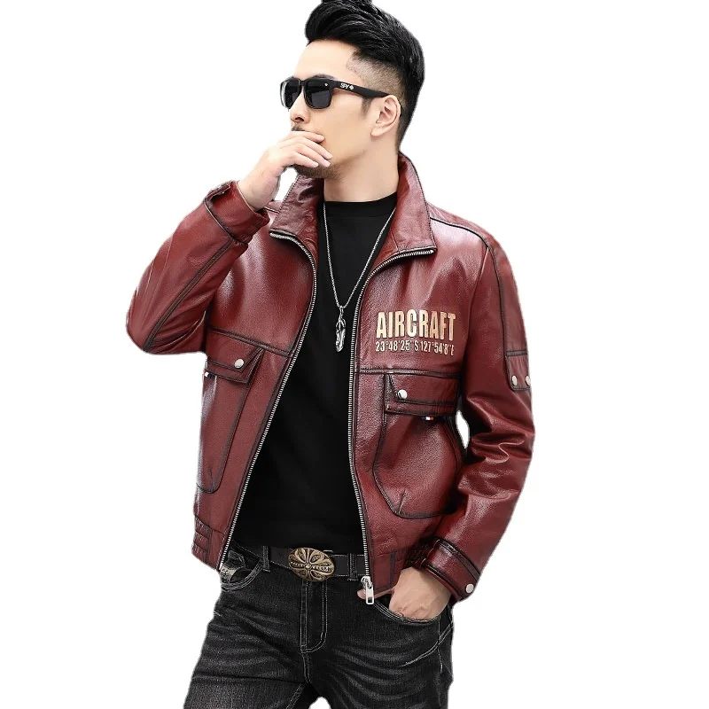 

New Genuine Leather Clothes Men's Top Layer Coat Short Cowhide Stand Collar Motorcycle Jacket Male