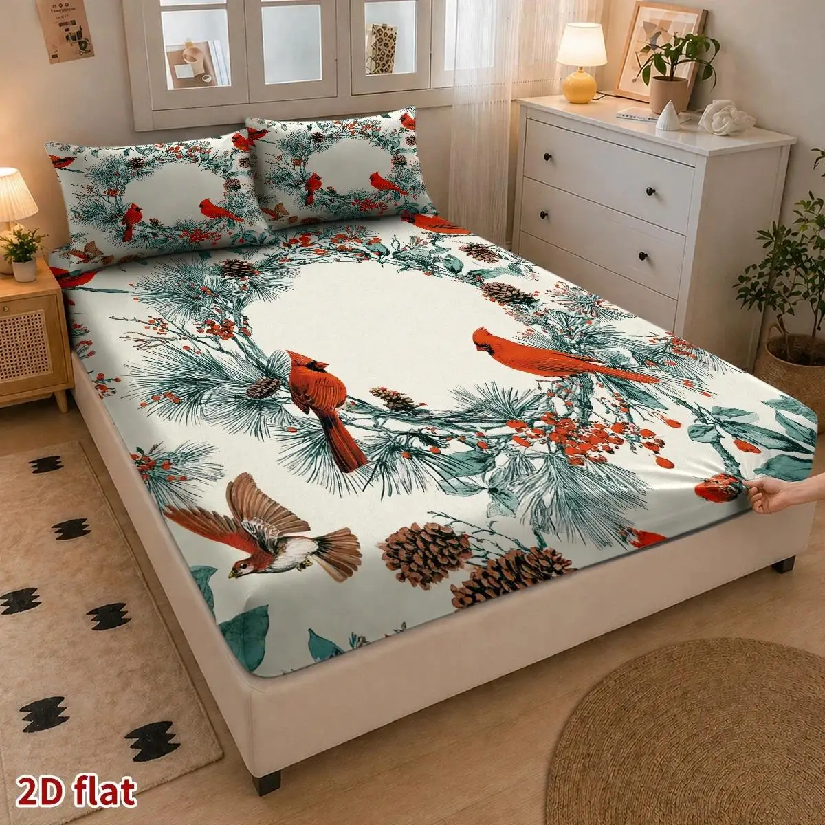 Christmas 2D Digital Print Three-Piece Bedding Set (Includes 1 Fitted Sheet + 2 Pillowcases) Mattress Protector, Fitted Elastic Style, Protective Cover, Mattress Protector, North American Cardinals Christmas Wreath Theme, Watercolor Hand-Painted Retro Style, Christmas Decoration, Suitable for All Seasons, Machine Washable, Holiday Decoration, Various Sizes, Breathable Protective Cover Plus Pillowcase