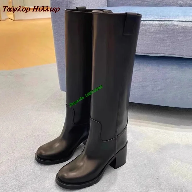 Autumn Winter Genuine Leather High Boots For Women New Round Toe Thick Heel Slip-On Knee Long Boots Fashion Catwalk Knight Boots