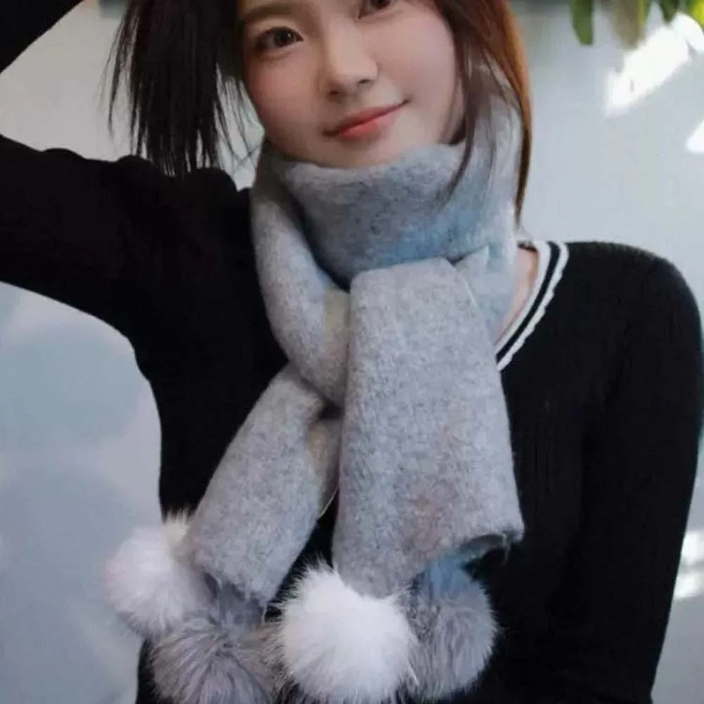 

Большой шерстяной шарф с плюшевым шариком, мягкий ветрозащитный длинный утолщенный шейный платок с бантом, антихолодный зимний теплый шарф, осень
