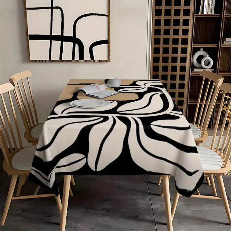 Abstract Bohemian style neutral gray-brown and beige floral rectangular tablecloth, polyester tablecloth
