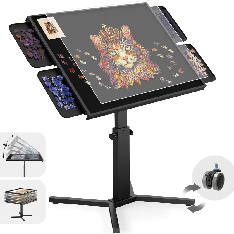 

Puzzle table with drawers and cover adjustable lift