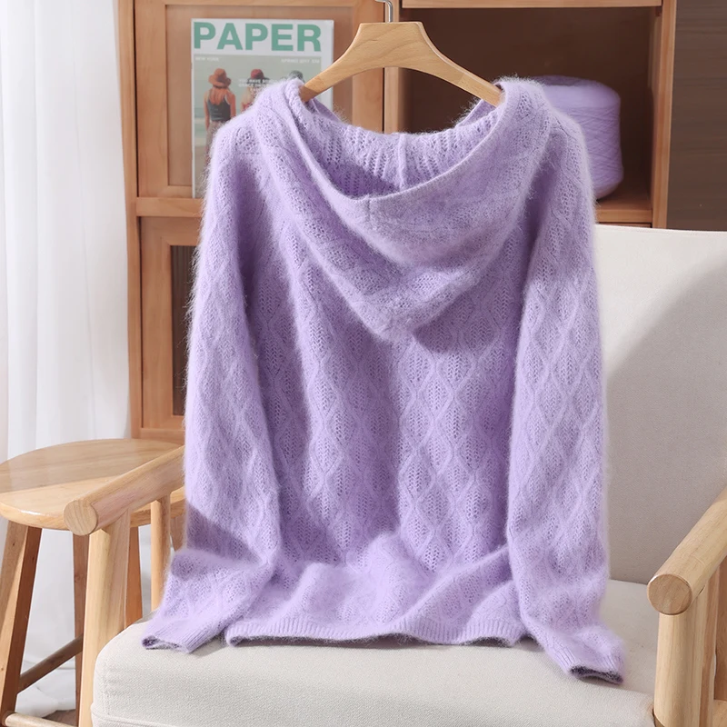 

Long Sleeve Chic 100% Mink Cashmere Fashion V-Neck Sweater Hooded Sweatshirt Basics Hollow Out Soft Warm Autumn Winter Tops