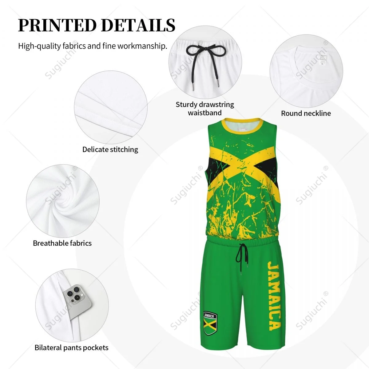 Team-up Jamaica Flag Grain Men Basketball Jersey Set Shirt & Pants Sleeveless Custom Name Nunber Exclusive