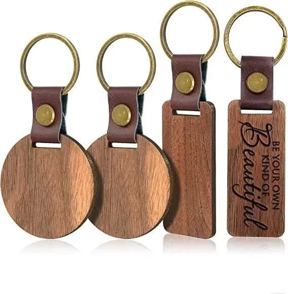 

Customized PU Leather Wooden Keychain Blank DIY Wood Keyring Square Engraved Car Key Chains Retro for Friends Lovers Family Gift