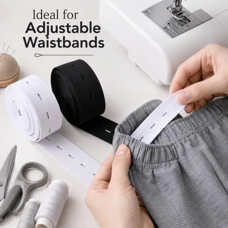 DIY Nähzubehör 15mm 20mm 25mm Knopfloch-Gummiband Weiß Schwarz Knopfloch-Taillenband Verstellbar 5 Meter – Detail 6
