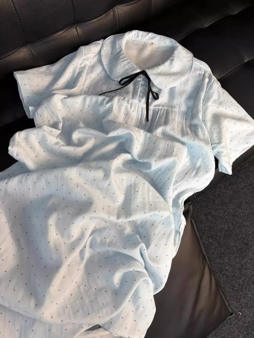 

Sweet Blue Polka Dot ort Sve Sp Dr Женская корейская свободная верхняя одежда с кукольным воротником средней длины Spwear Dr