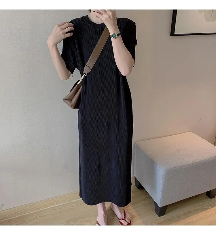 Soft Lightweight round Neck Dress Draped Loose Fit Slimming Base Layer Skirt Korean Style Summer A-Line Midi Dress