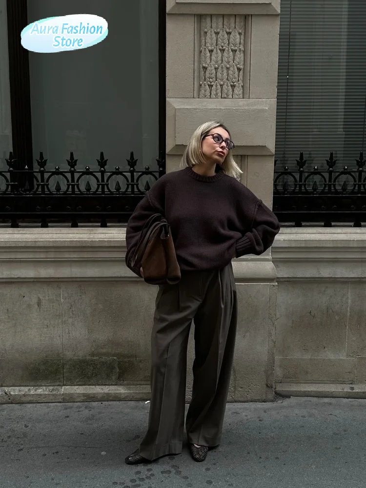 

Женский однотонный коричневый вязаный пуловер, модный женский свободный трикотаж с круглым вырезом и длинными рукавами, женские осенние повседневные свитера для поездок на работу