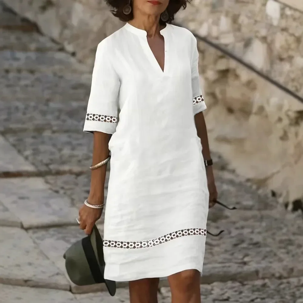 Vestido Midi de Algodón con Cuello en V y Encaje de Ganchillo Blanco Liso para Mujer, Estilo Boho Chic, Suave, Transpirable, Favorecedor, Cómodo para Uso Diario, Playa y Verano, Nuevo