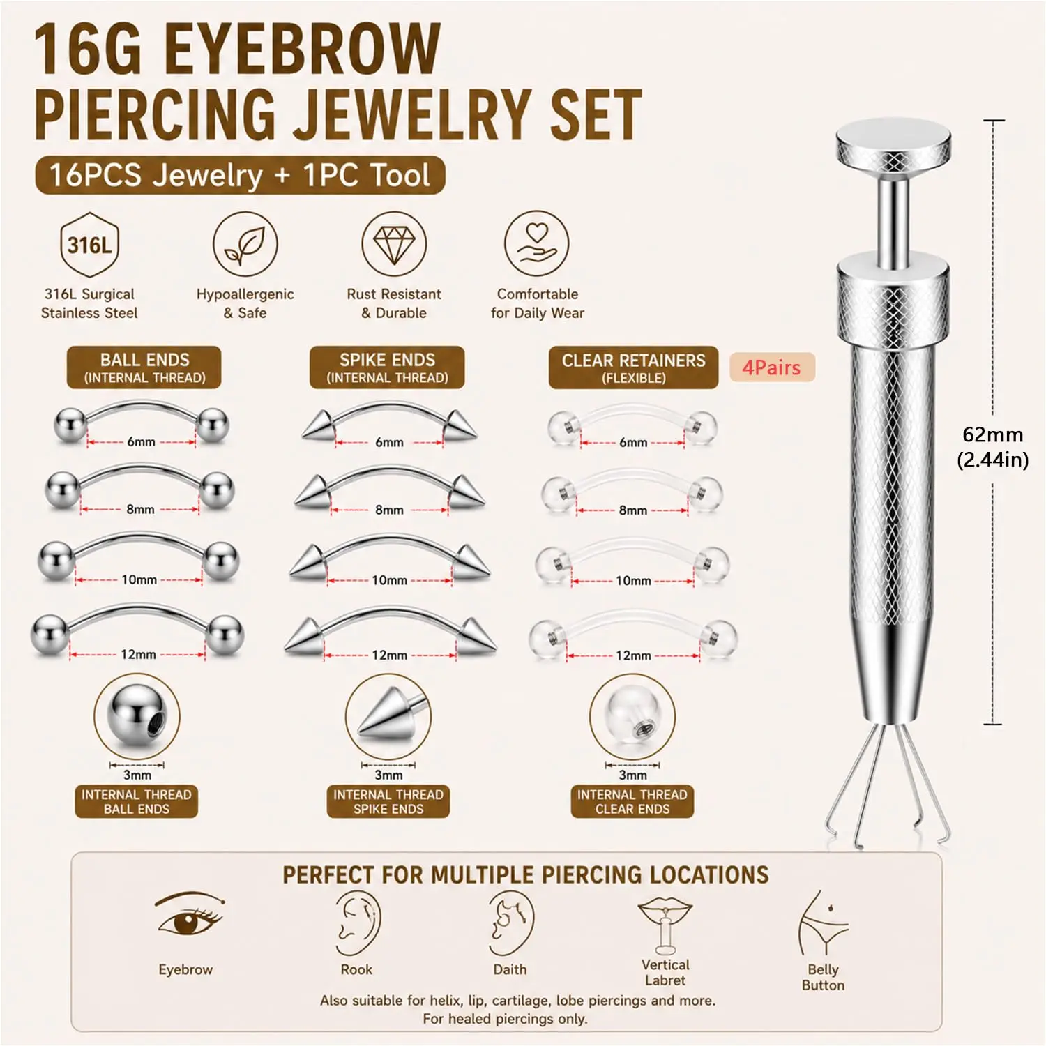 16G Eyebrow Piercing Jewelry Set with Tool Stainless Steel Curved Barbells with Clear Piercing Retainers for Surgery Ball & Cone