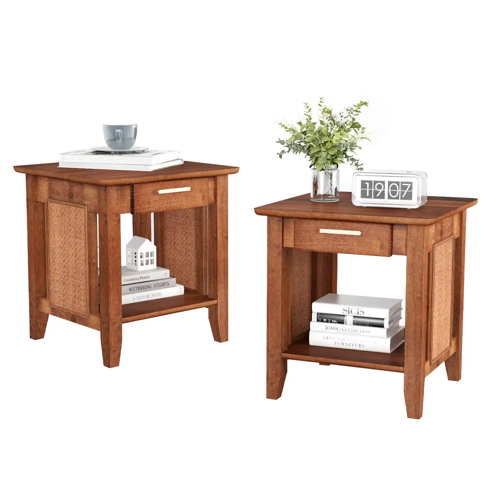 

2PCS Boho Style Nightstand 3-Tier Sofa Side End Table w/ Drawer & Shelf Walnut