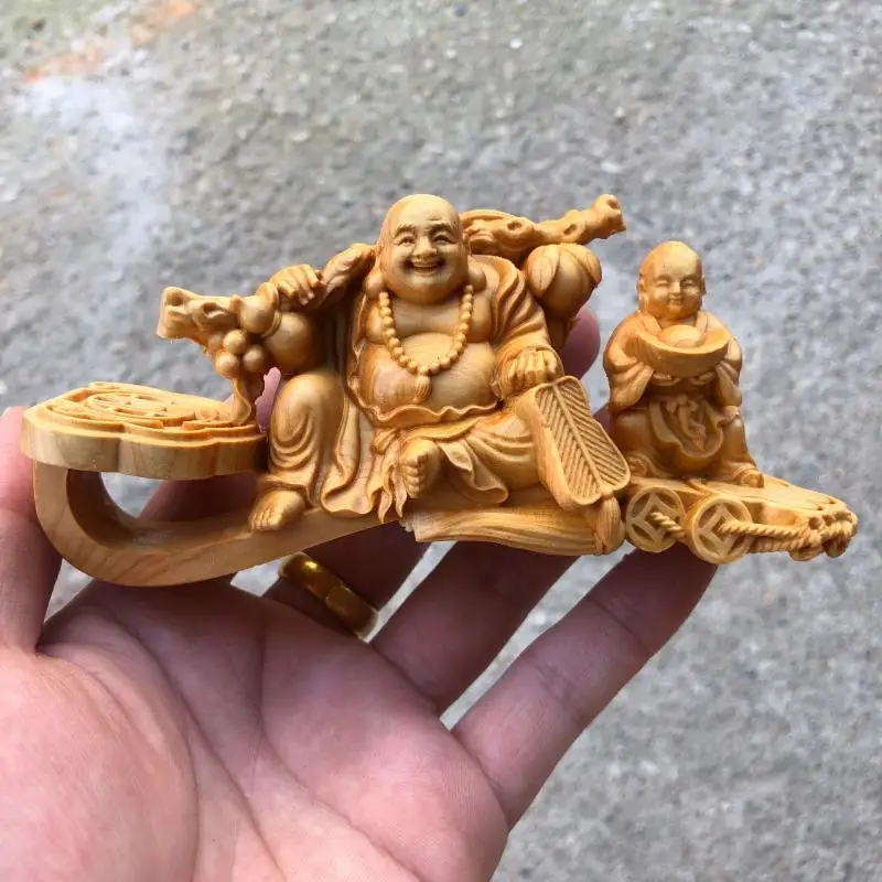 

Thuja Oriental Arborvitae Wood Carved Ruyi Ingot Maitreya Buddha Figurine Home Car Dashboard Decor Craft