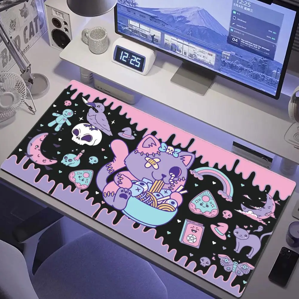 Harajuku Cat Pink Black Desk Mat Pastel Goth Decor Witchy Mat Kawaii Mouse Pad Extra Large Japanese Gaming Mouse Pad Kawaii Mat