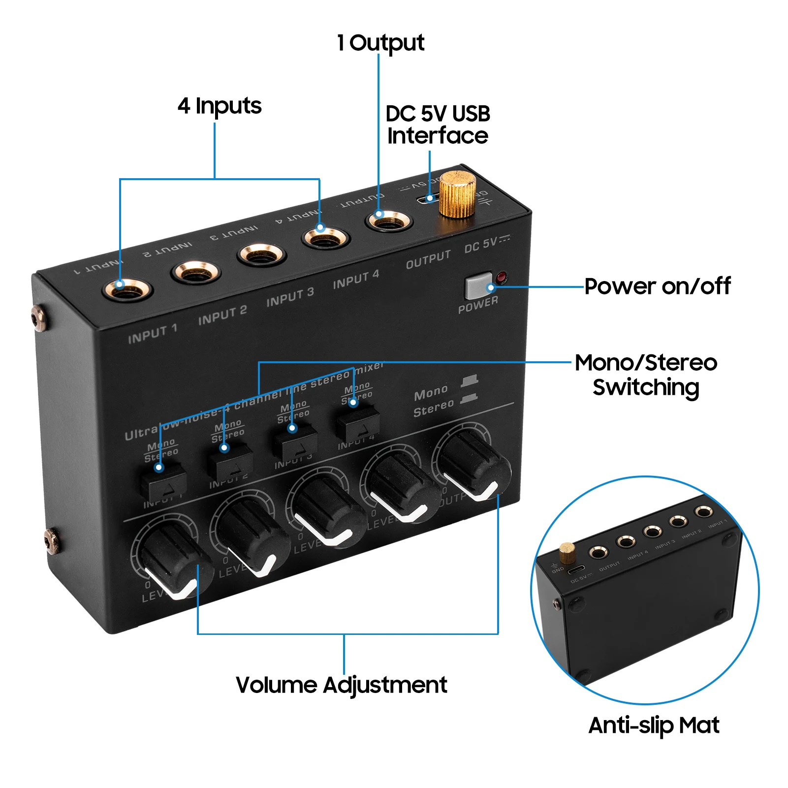 Ultra Low Noise 4 Channel Line Stereo Mixer 4 Input 1 Output DC 5V Portable Mini Audio Mixer Microphone Guitar Bass Stage Studio