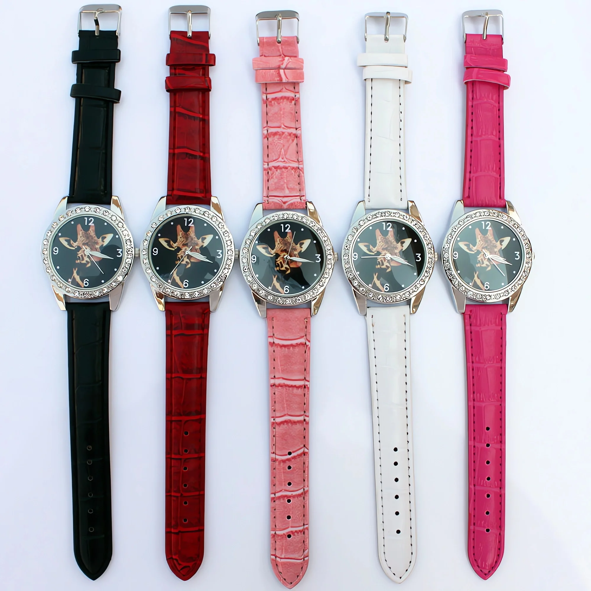5Pcs Giraffe Animal round Crystal Watch Leather Watch Student Gift