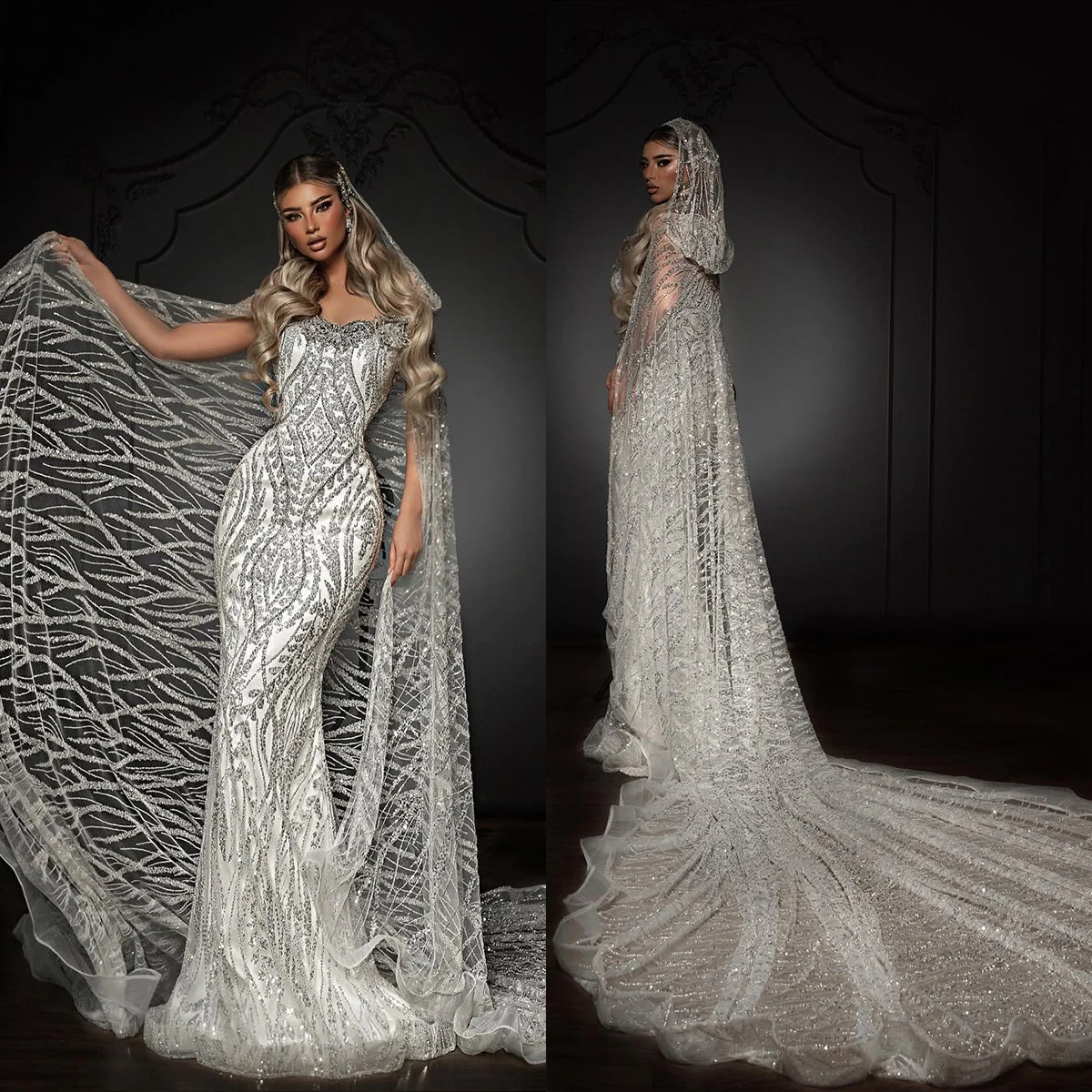 

Gorgeous Strapless Wedding Dresses Sequins Rhinestone Mermaid Bride Gowns with Veil Sleeveless Customized Robes De Mariée