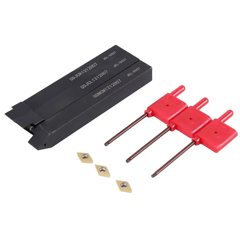 

Набор токарных инструментов BAAJ-3Pcs для токарных станков с ЧПУ, 1/2 дюйма, сменные твердосплавные резцы: SDNCN1212H07 + SDJCL1212H07 + SDJCR1212H07 + 3 шт. DCMT0702