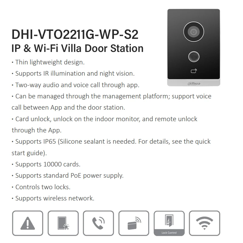 Dahua 2MP Wifi Doorbell HD Night Vision IP Video Intercom VTO2211G-WP-S2 Supports IC Card/APP/Monitor Unlock RS-485 SD Card