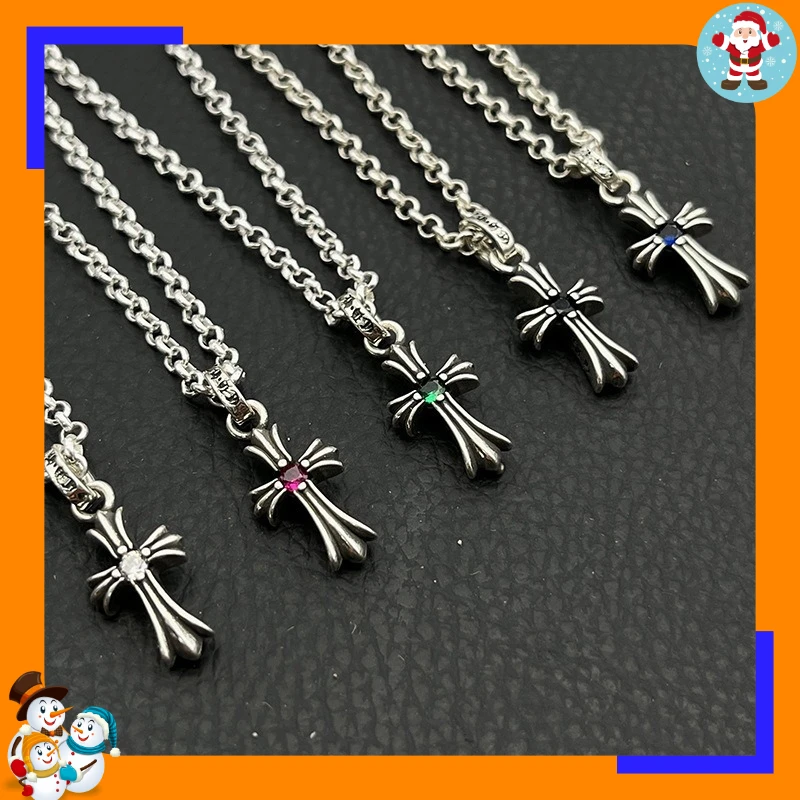Premium Retro Small with Diamond Cross Necklace Men's and Women's Colored Diamond Pendant Classic Sweater Chain Trendy Gift