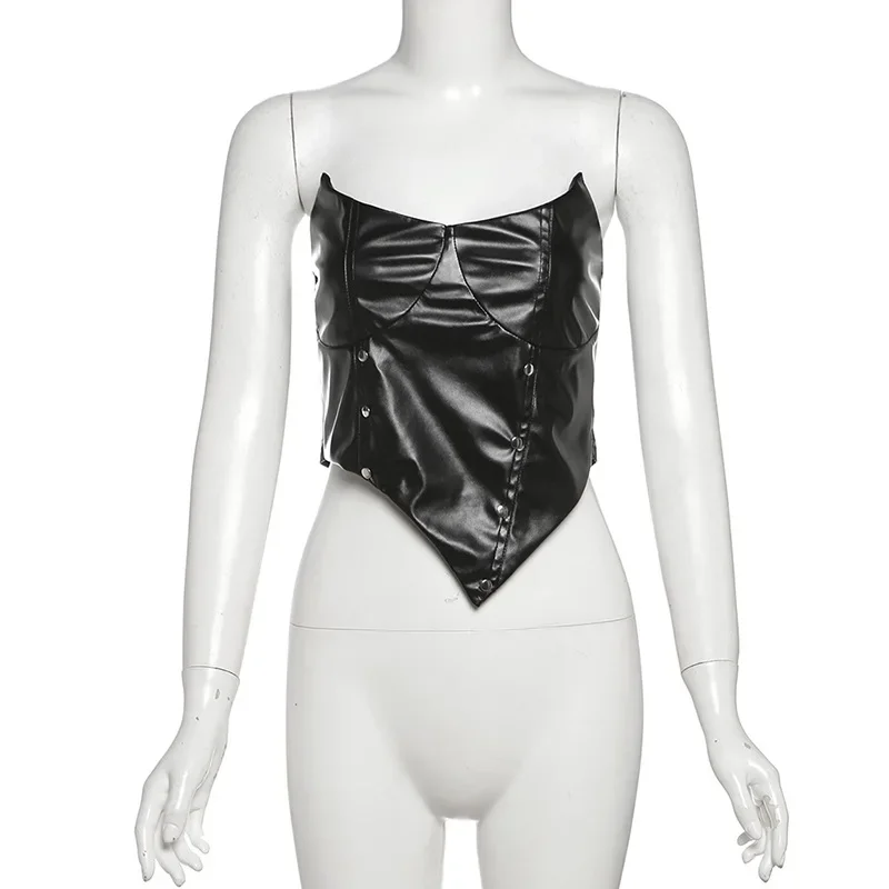 

Y2K Grommet из искусственной кожи, комплект из 2 предметов, женские летние укороченные топы без бретелек нестандартной формы + металлические кольца, облегающие мини-юбки, клубная одежда