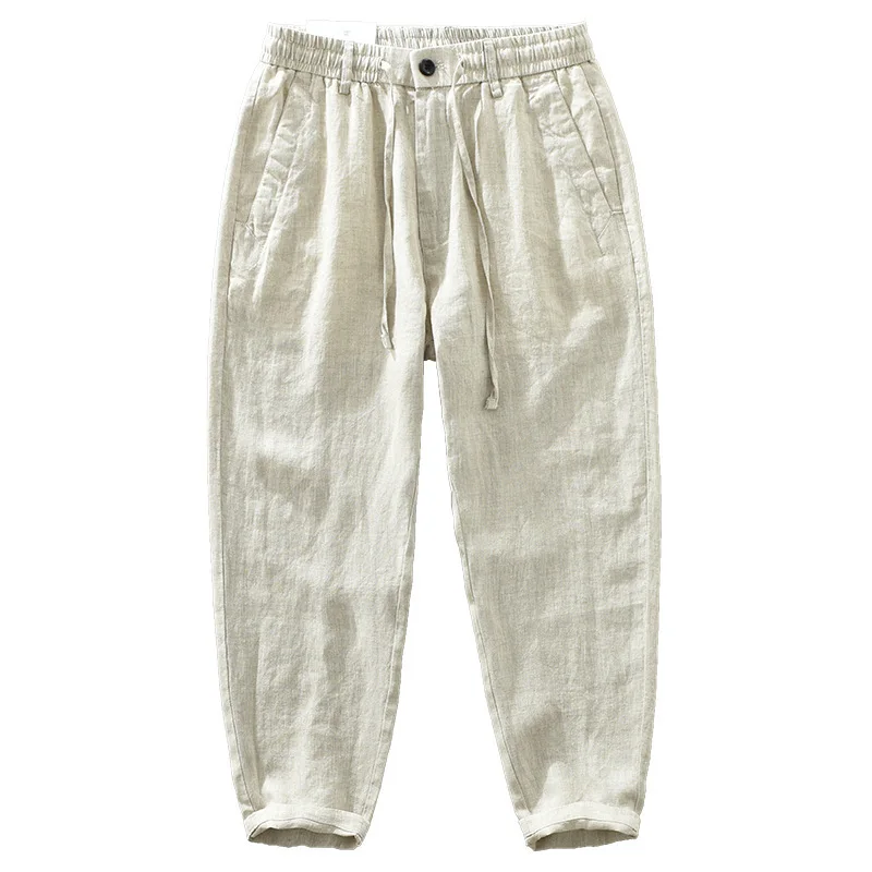 Men's Chinese Style 100% Linen Pants - Year-Round Japanese-Inspired Retro Loose Straight-Leg Casual Cropped Trousers Summer