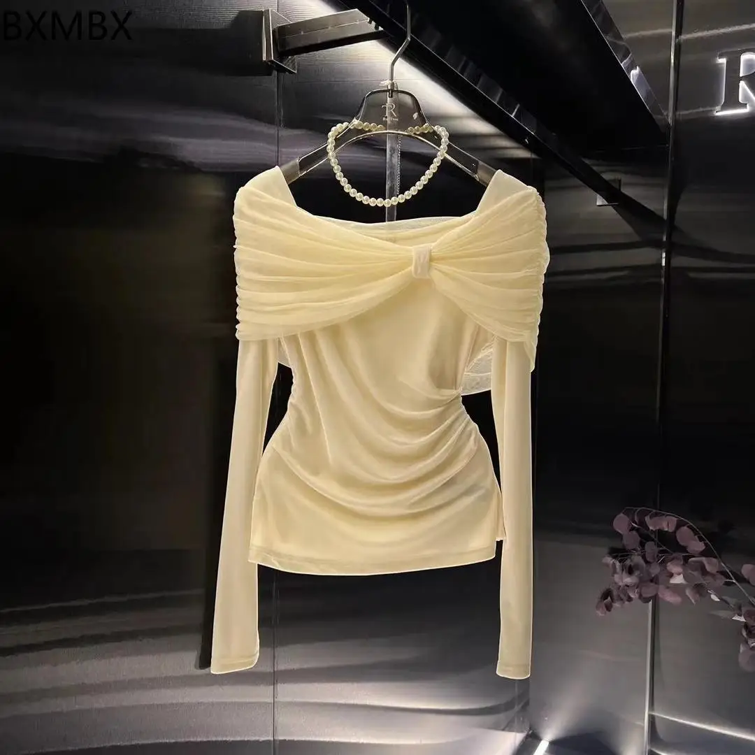 

French celebrity style high sense one-word shoulder long-sleeved t-shirt women's 2025 spring new fashion versatile top